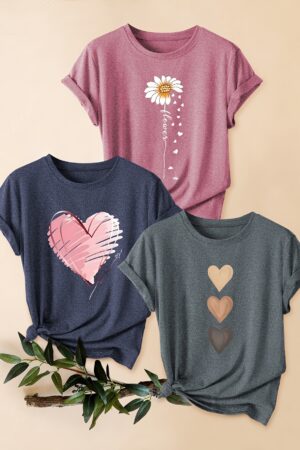 3pcs Women's Vintage-Inspired Graphic Tees - Floral & Heart Print Casual Short Sleeve T-Shirts, Soft Stretch Round Neck Tops for Spring Summer Fall,, Teal & Lavender, Seasonal Fashion, Artistic Design, Lightweight Tee, Printed Top, Style Enthusiasts